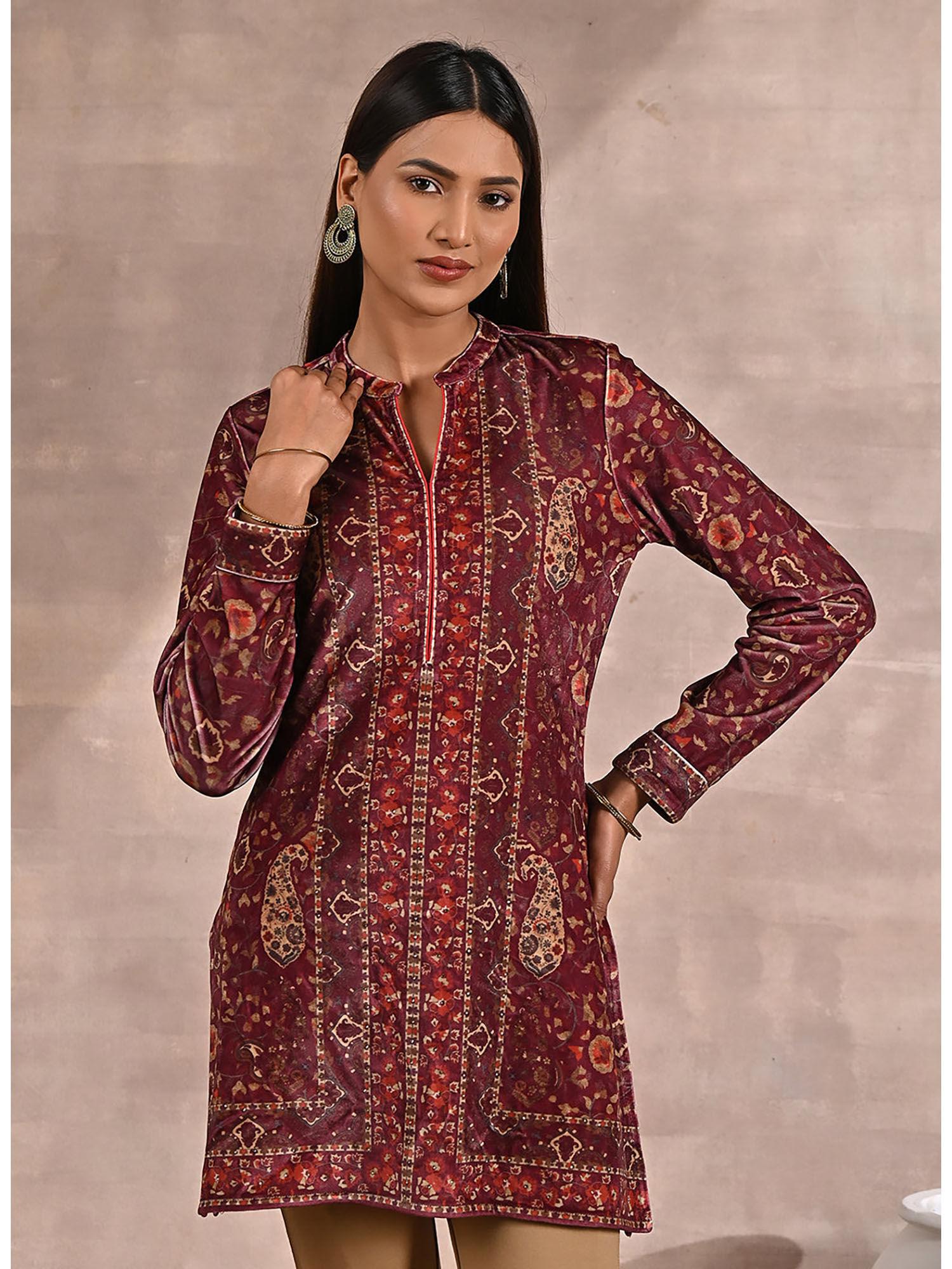 maroon multicolor print velvet straight kurti