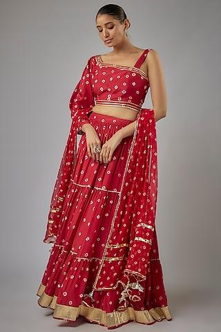 maroon muslin hand-tied bandhej printed lehenga set