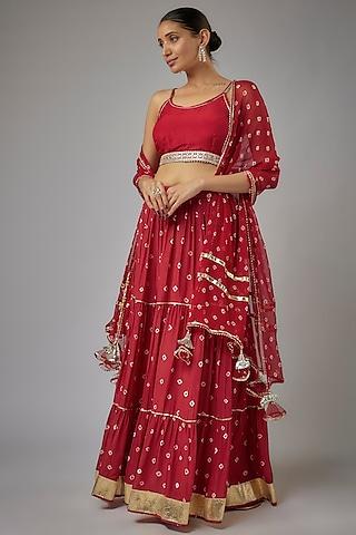 maroon muslin hand-tied bandhej printed lehenga set