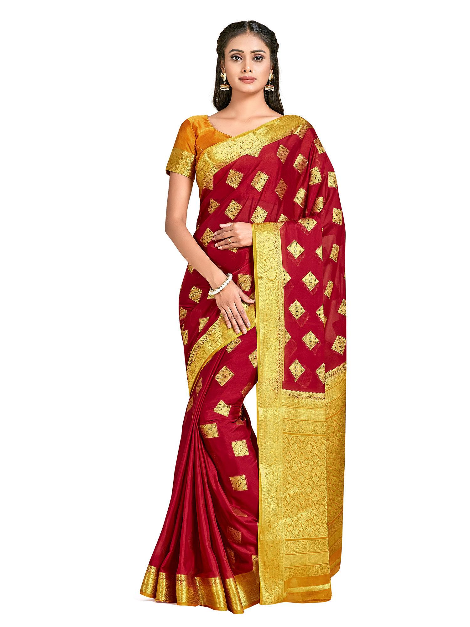 maroon mysore silk style crepe saree with unstitched blouse