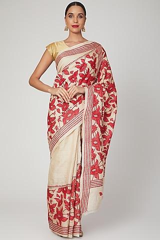 maroon nakshi kantha floral saree