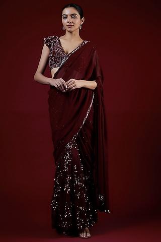 maroon net floral embroidered pant saree set