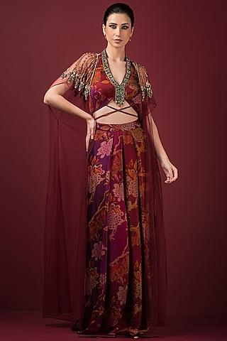 maroon net mirror embroidered cape set