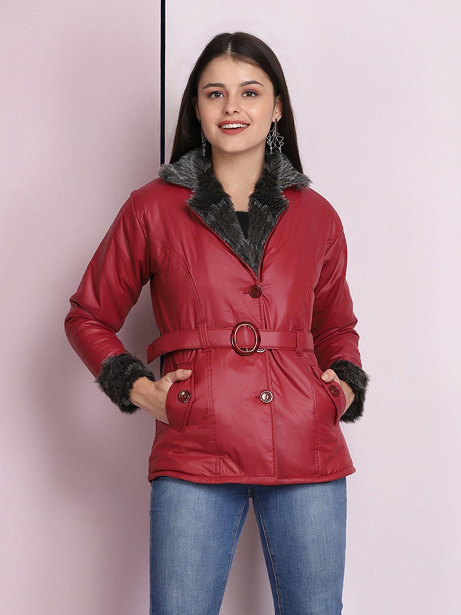 maroon ns butter winter coat jacket with belt (set of 2)