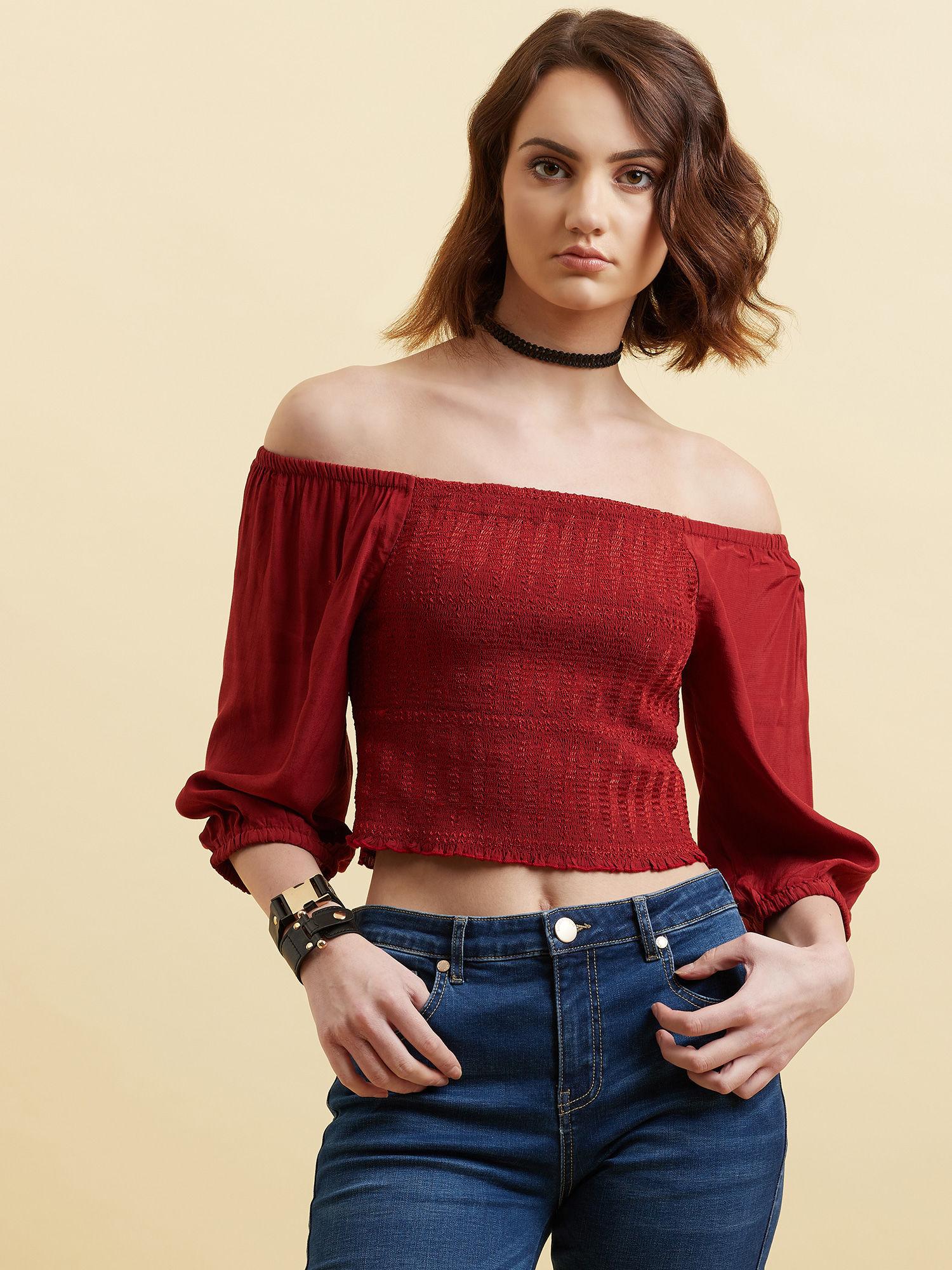 maroon off shoulder 3/4 sleeves short top