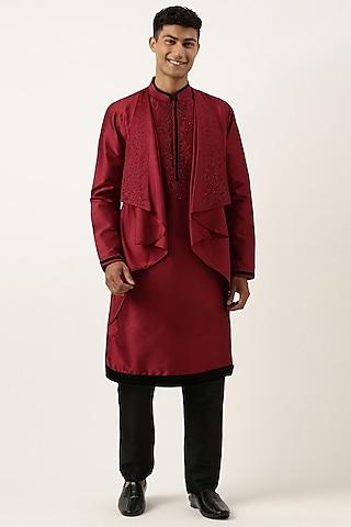 maroon ombre silk polyester layered kurta set