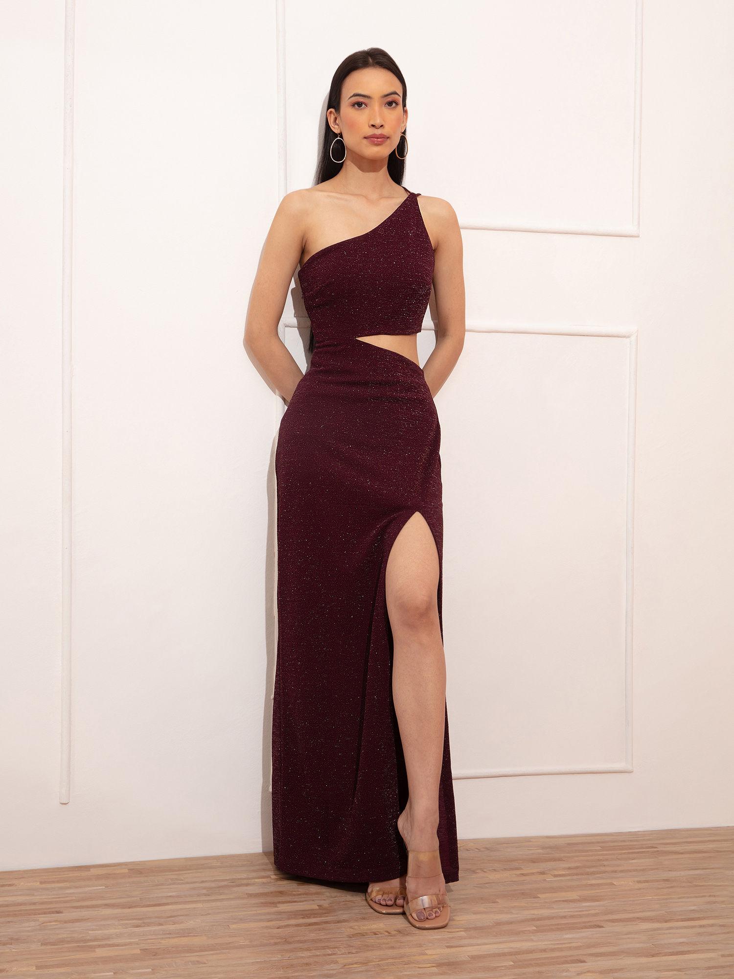 maroon one shoulder bodycon maxi dress