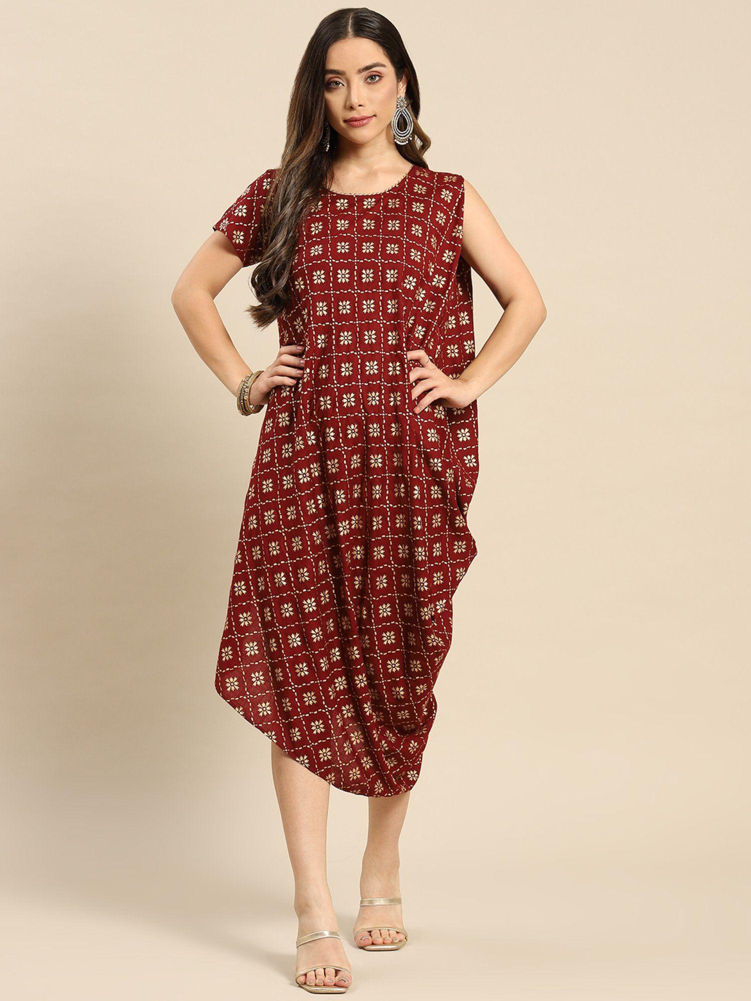 maroon one side cowl asymmetric dress