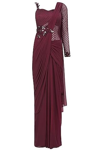 maroon one sleeves floral embroidered drape saree