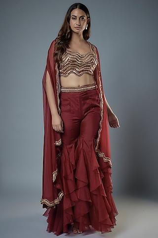 maroon organza & raw silk beads embroidered cape set