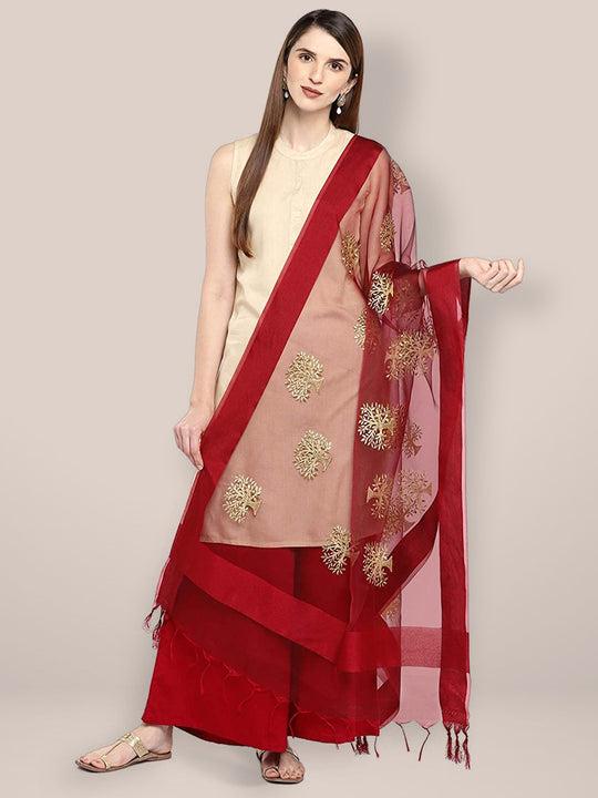 maroon organza dupatta with gold embroidery.