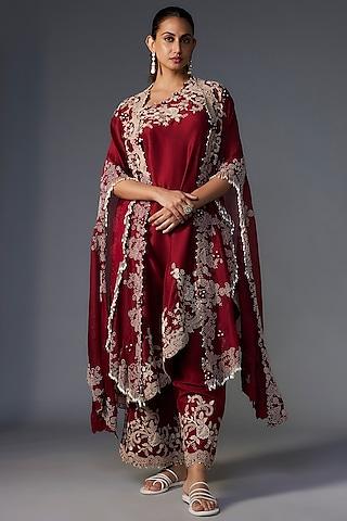 maroon organza pearl & lace embroidered cape set