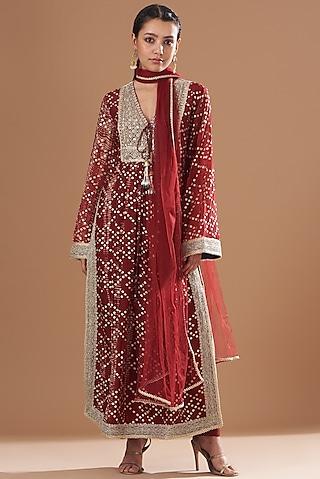 maroon organza tie-dyed kurta set