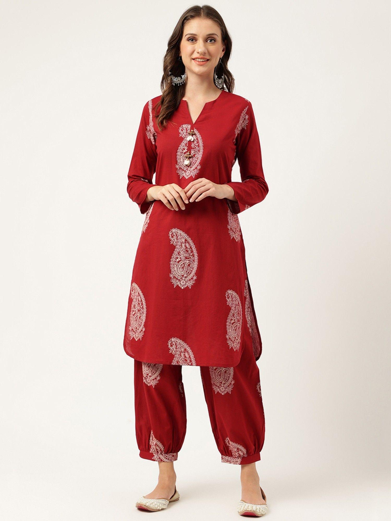 maroon paisley print cotton kurta with salwar (set of 2)