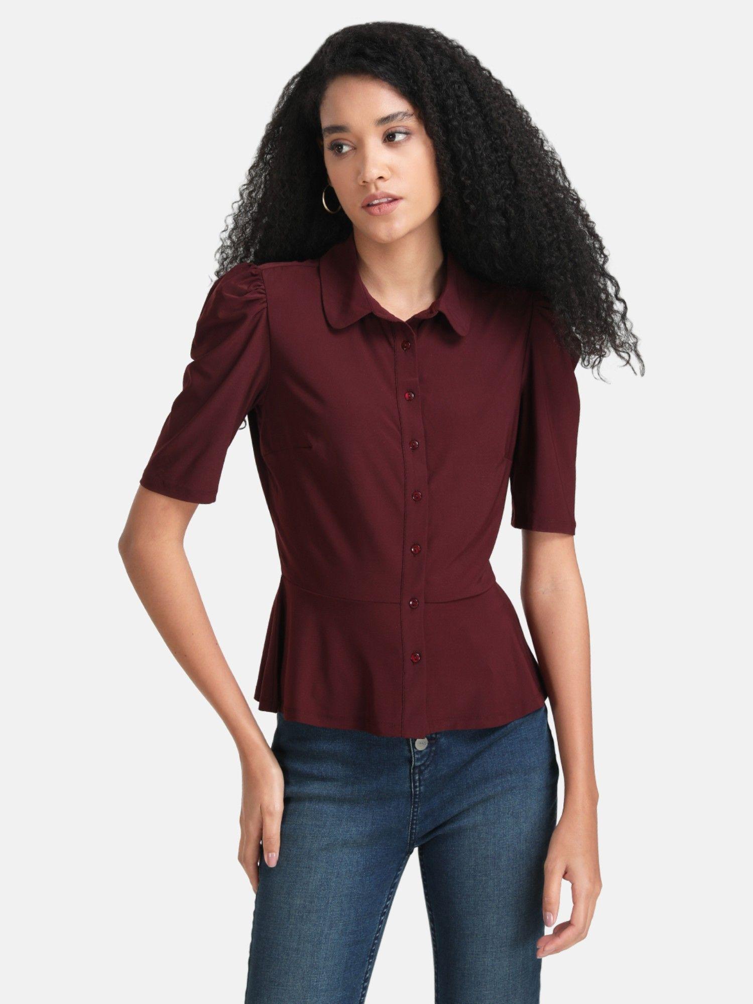 maroon peplum shirt with puff sleeves