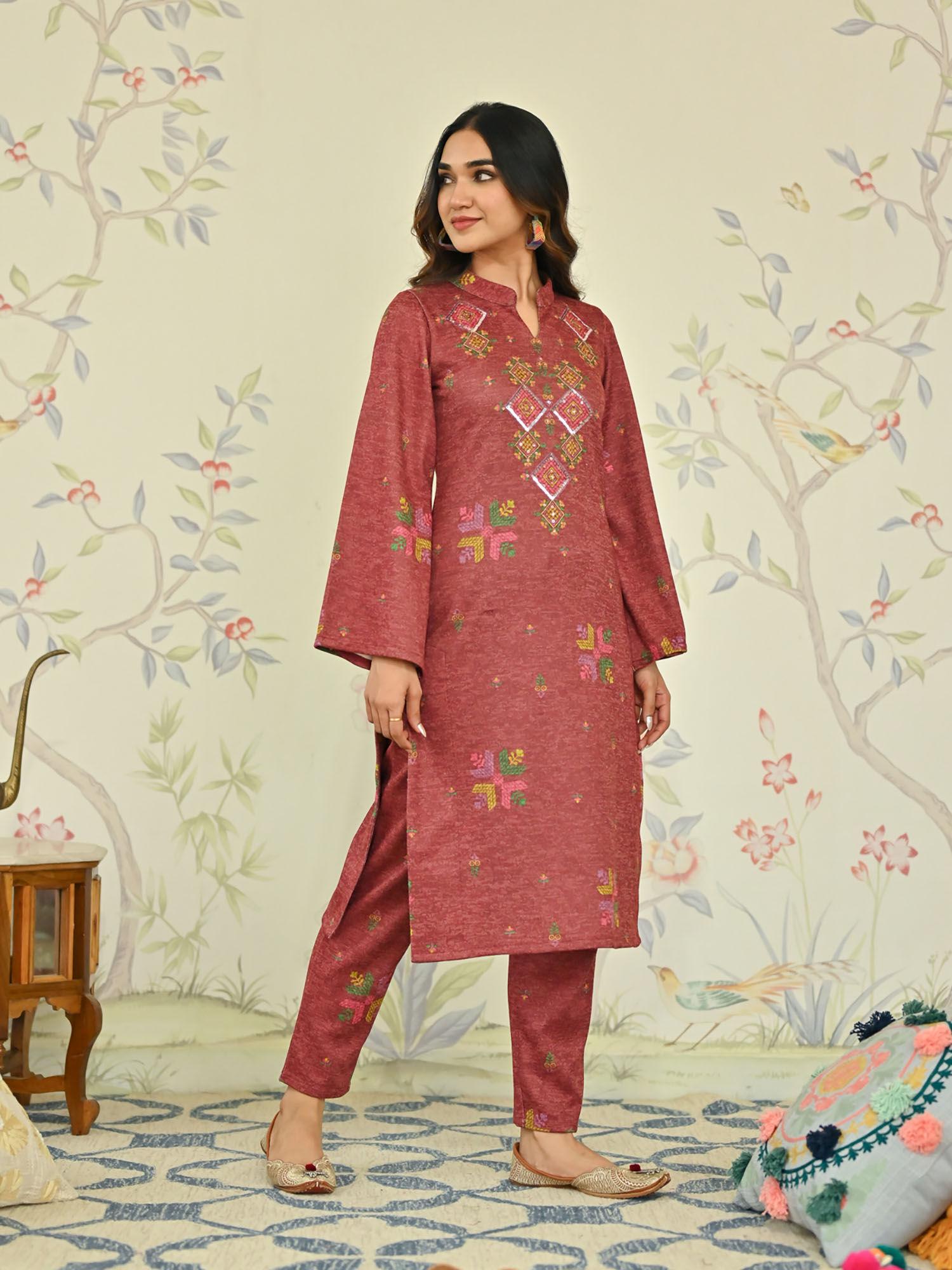 maroon phulkari printed woollen kurta with sequins work