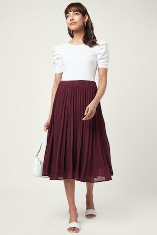maroon pleated calf-length mid rise casual women comfort fit skirt