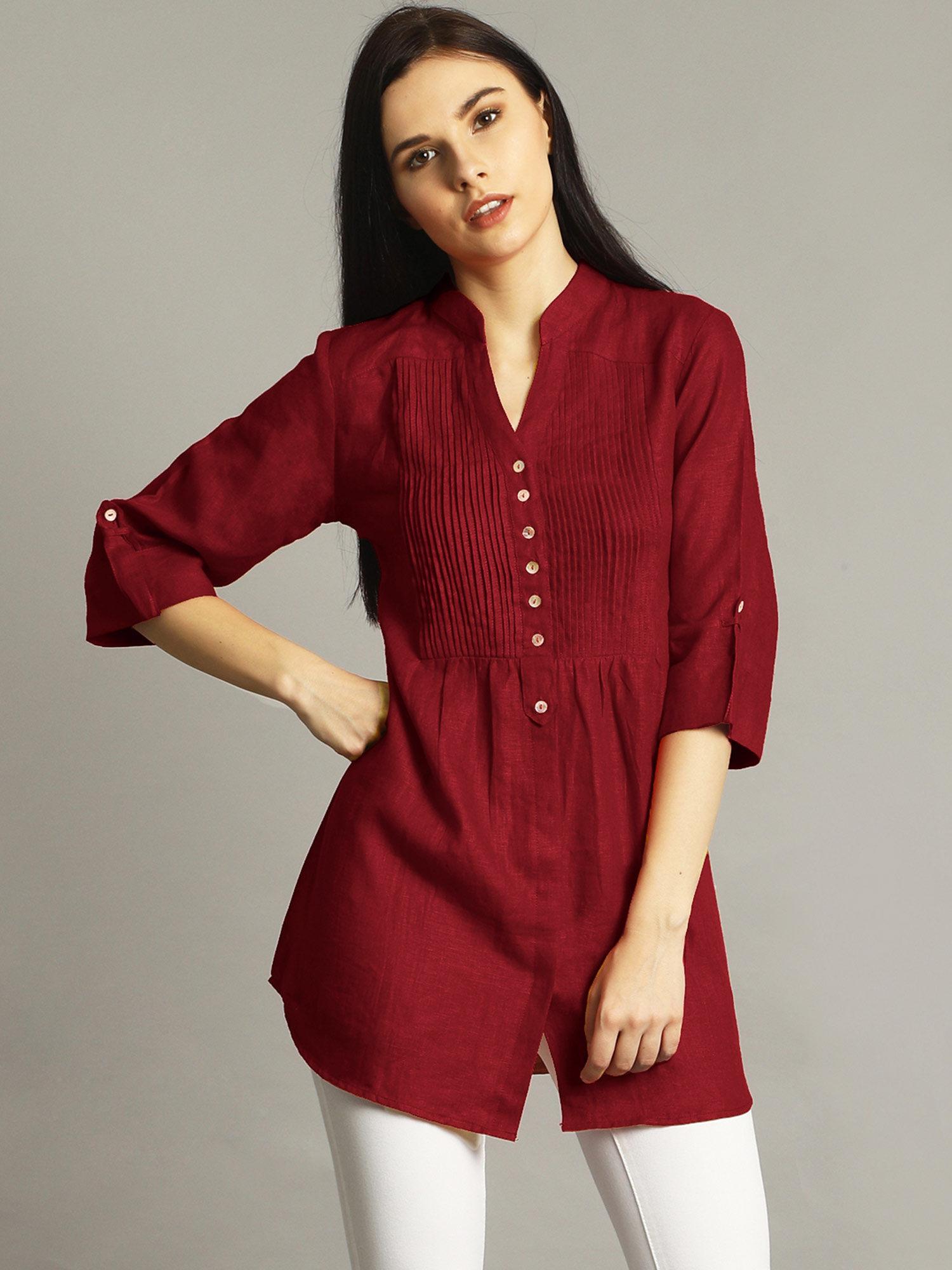 maroon pleated yoke roll up tunic