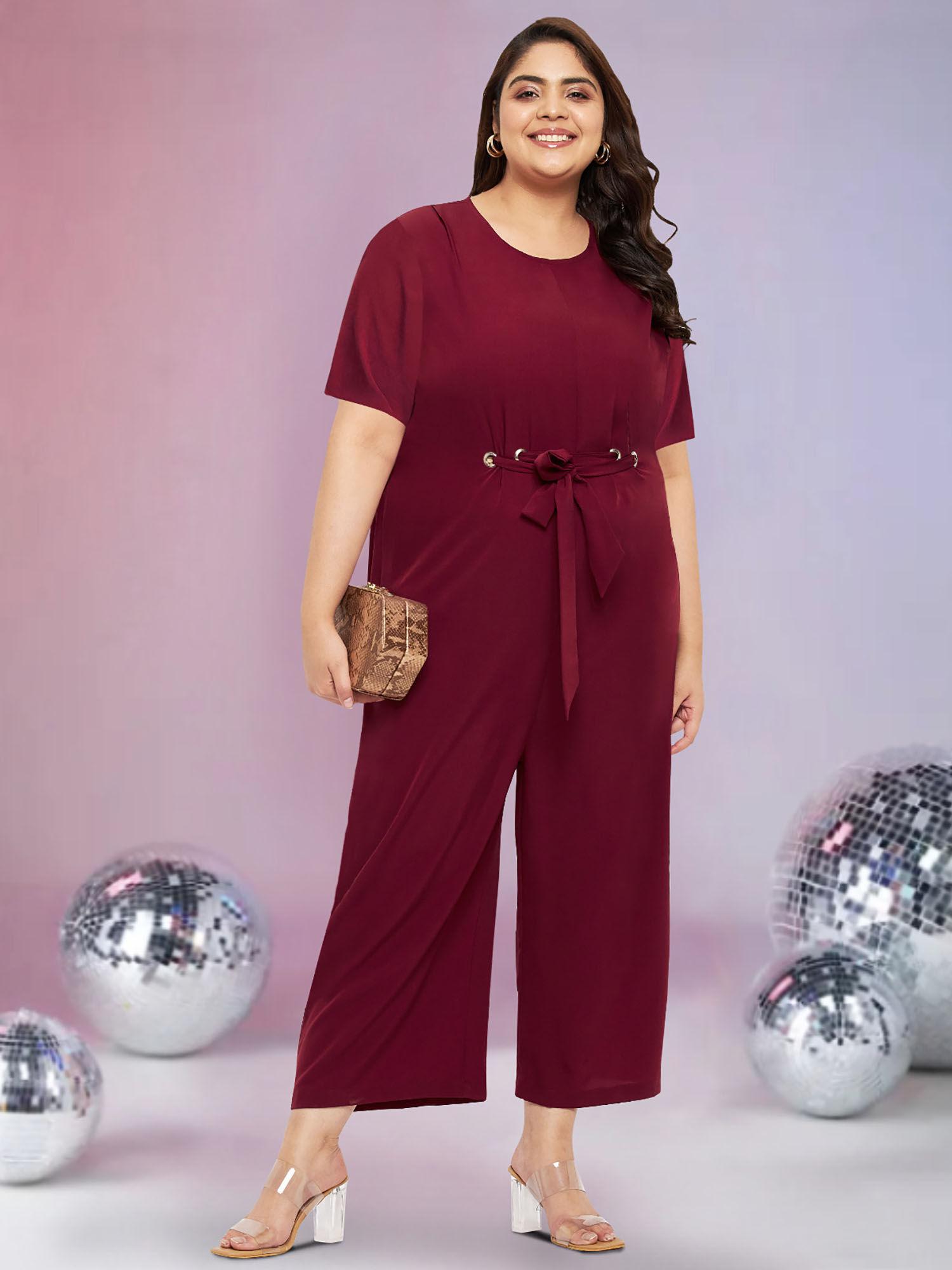 maroon plus size front tie curve jumpsuit