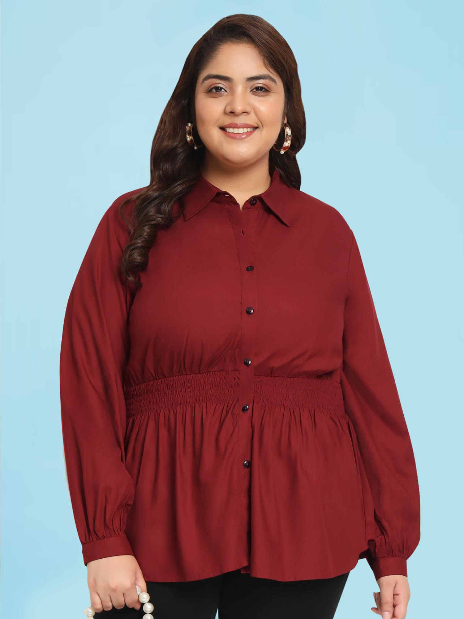 maroon plus size smocked peplum curve top