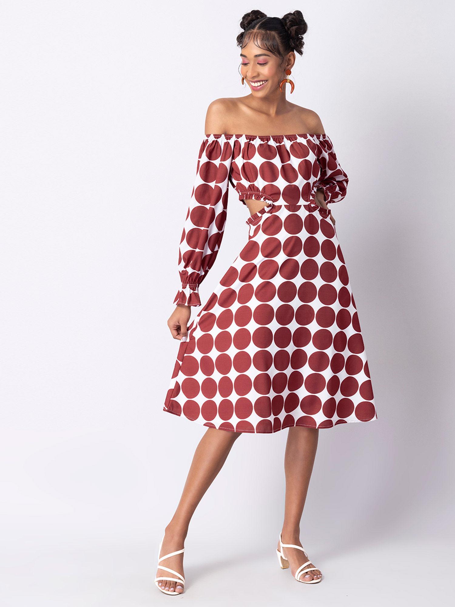 maroon polka bardot waist cut out midi dress