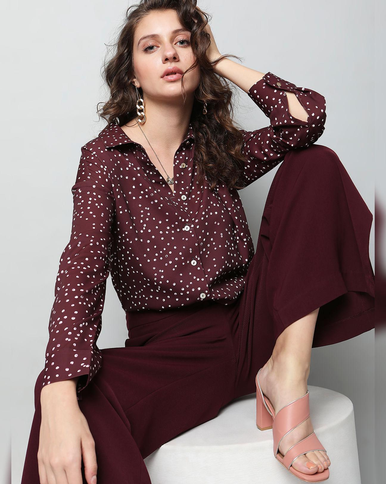 maroon polka dot high-low shirt