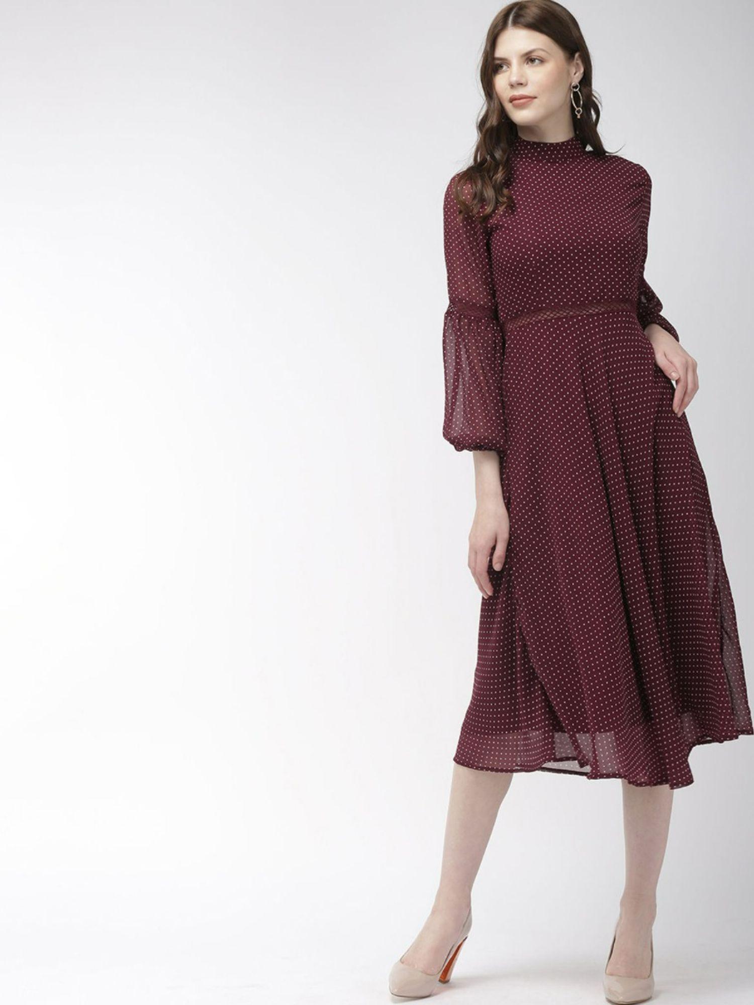 maroon polka dots high neck midi dress