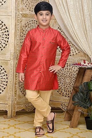 maroon poly chanderi printed achkan kurta set for boys