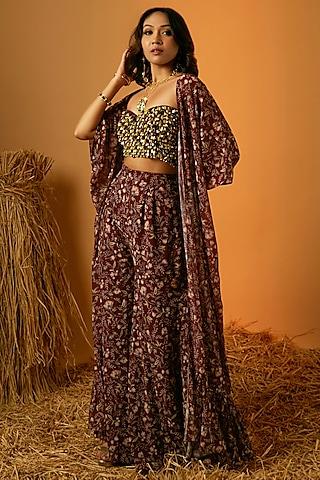 maroon poly georgette floral printed cape set