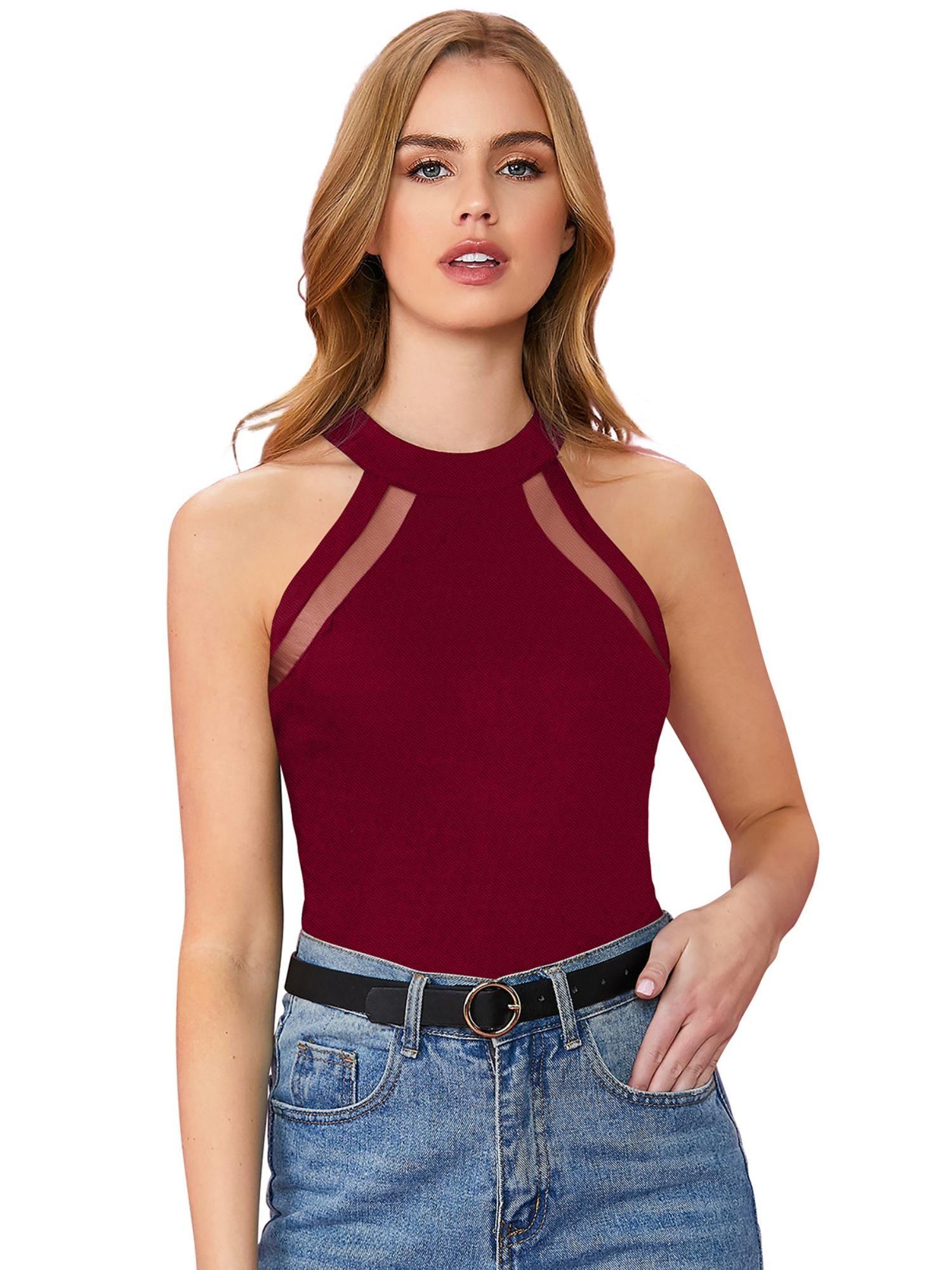 maroon polyester solid top for women