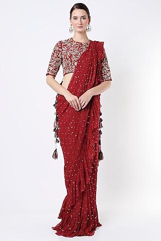 maroon pre-stitched saree set