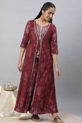 maroon print ankle-length ethnic women regular fit jumpsuit