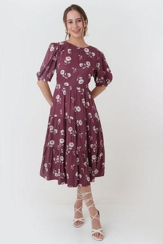 maroon print calf-length casual women regular fit dress