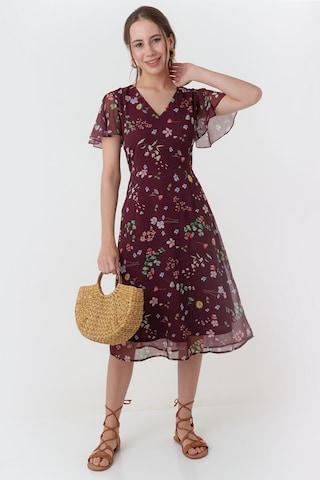 maroon print calf-length casual women regular fit dress