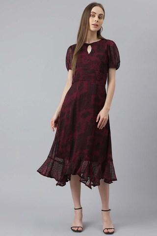 maroon print calf-length party women flared fit dress