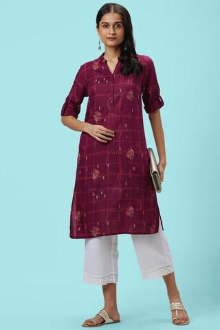 maroon print casual mandarin 3/4th sleeves calf-length women regular fit kurta