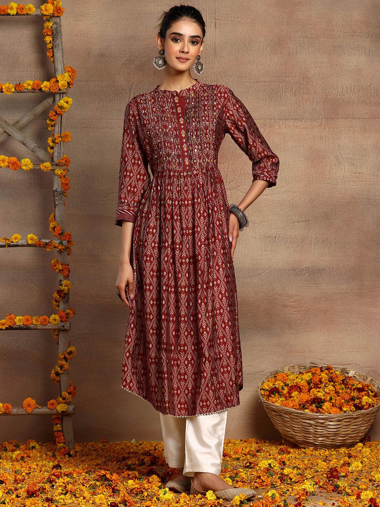 maroon print chanderi kurta