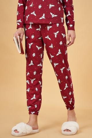 maroon print full length  sleepwear women comfort fit  jogger pants