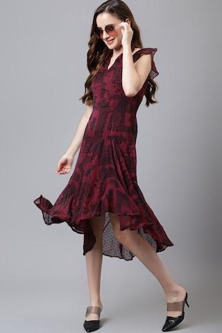 maroon print knee length party women a line fit dress