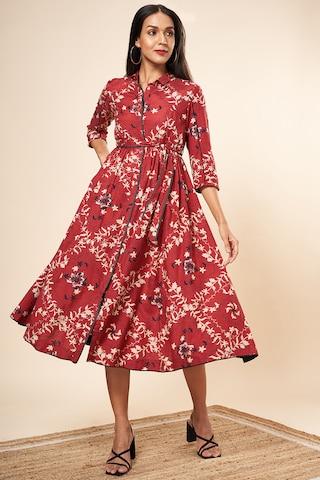 maroon print regular collar casual calf-length 3/4th sleeves women regular fit dress