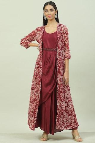 maroon print round neck casual ankle-length full sleeves women straight fit dress set