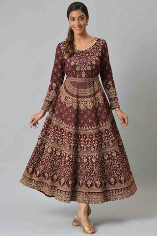 maroon print v neck ethnic ankle-length full sleeves women a-line fit dress