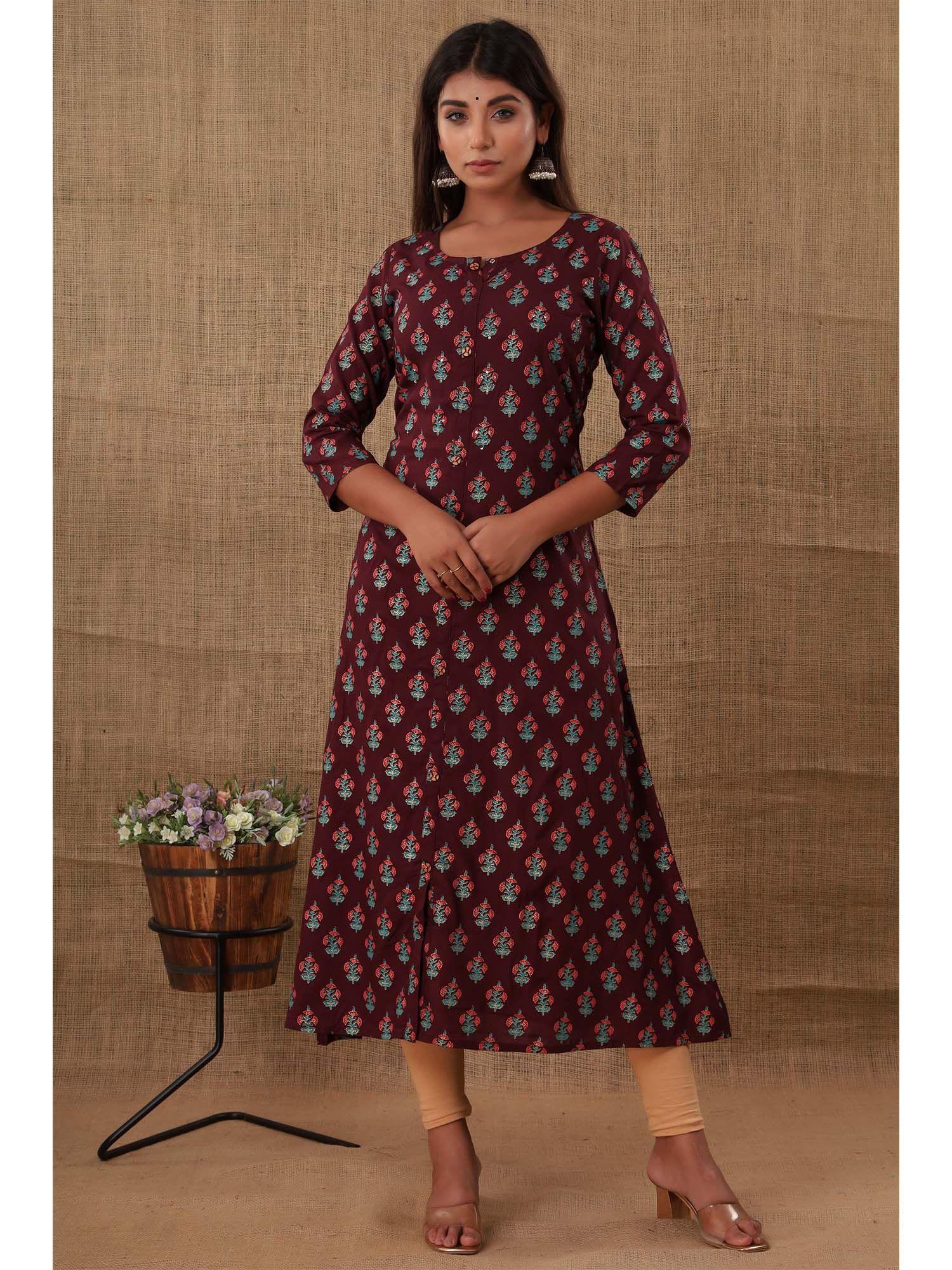 maroon printed aline rayon kurta