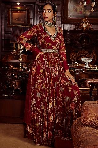 maroon printed anarkali set