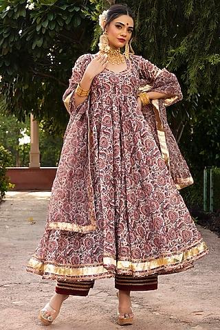 maroon printed anarkali set