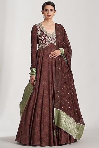 maroon printed anarkali set