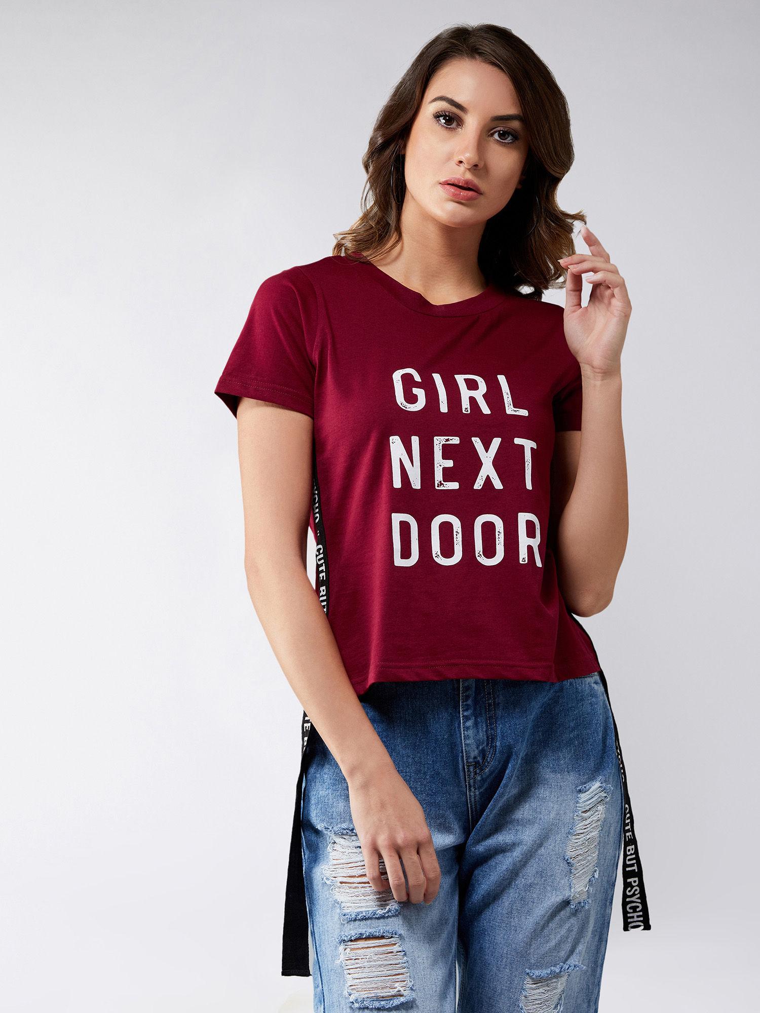 maroon printed basic crop t-shirt