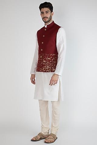 maroon printed bundi jacket