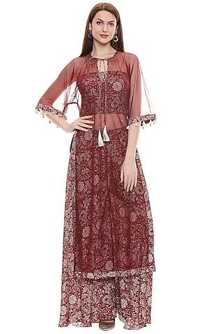 maroon printed cape set