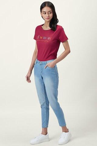 maroon printed casual half sleeves round neck women regular fit t-shirt